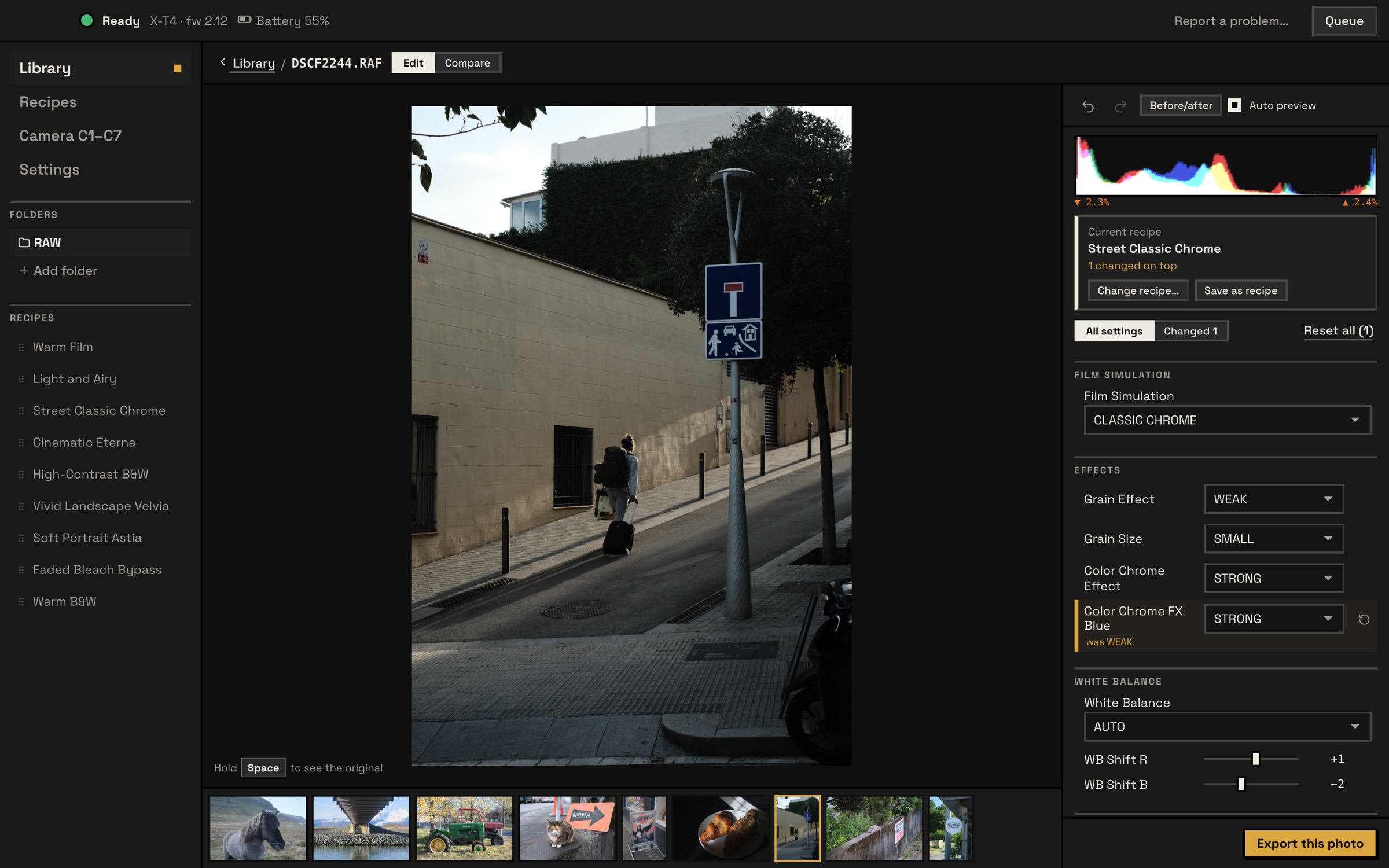 The editor: a photo developed by the connected X-T4 with a sample recipe, the camera’s settings beside it, and the one changed from the recipe marked in yellow
